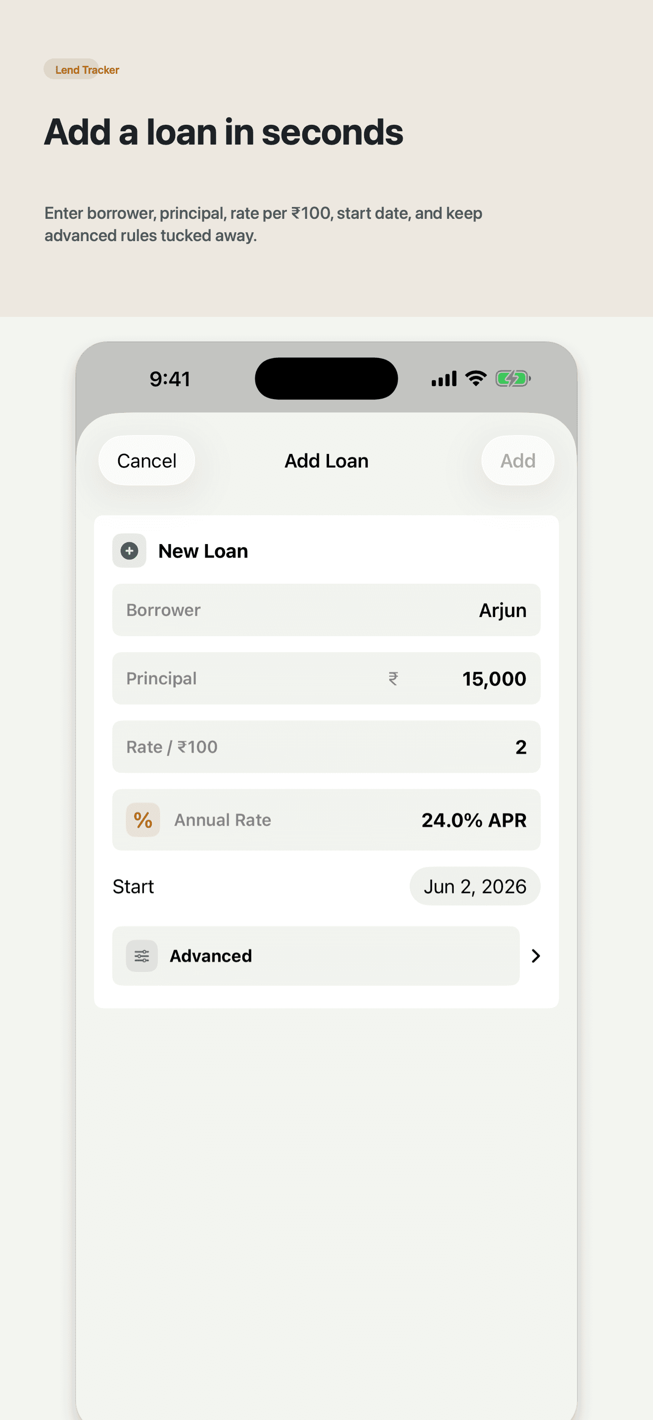 Lend Tracker add loan screen with borrower, principal, rate, APR, and start date.